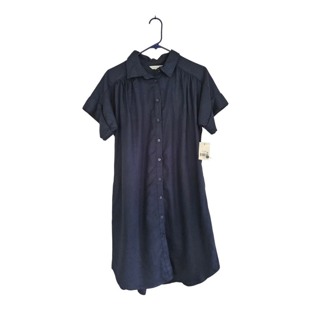 Ophelia Roe Linen Blend Shirt Dress M Navy Blue Button Front‎ Coastal Lagenlook